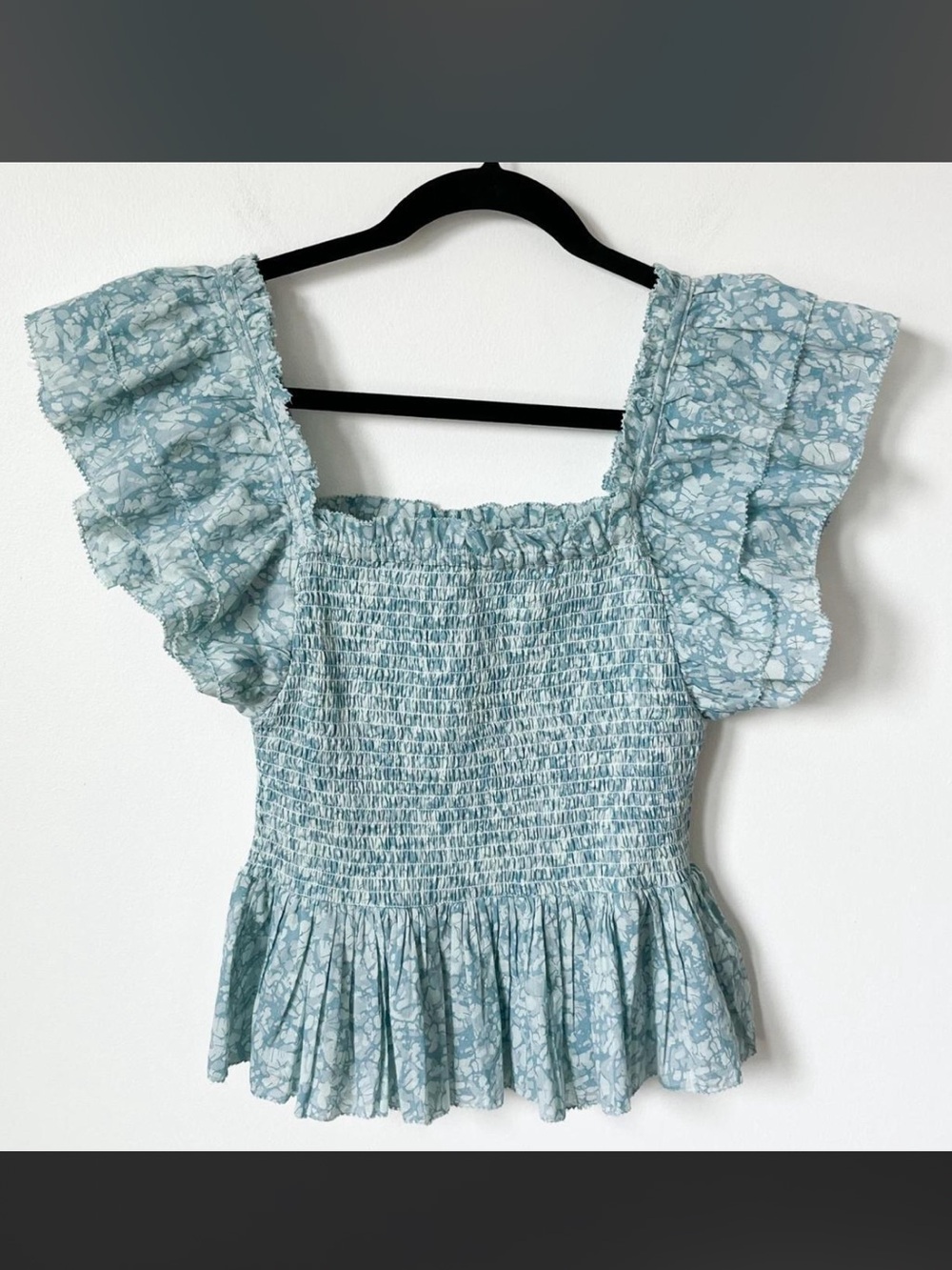 Anthropologie Smocked Flutter Sleeve Peplum Top - Light Blue